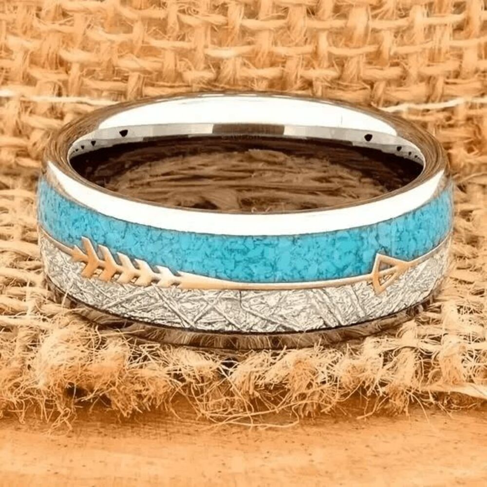 Western Arrow Turquoise Inlay Stainless Steel Wedding Mens Ring